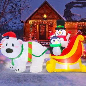 7 FT Long Christmas Inflatables Snowman & Penguin on Sleigh with Polar Bear