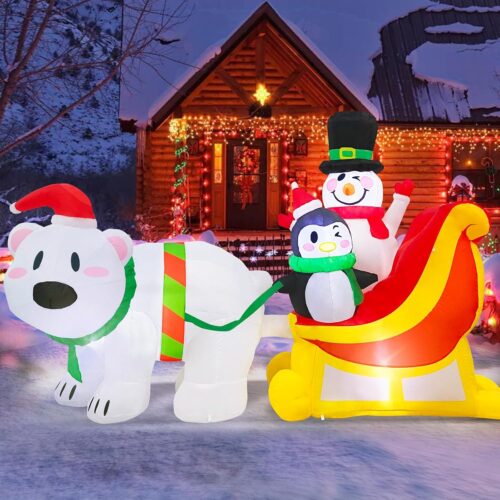 1 7 FT Long Christmas Inflatables Snowman & Penguin on Sleigh with Polar Bear