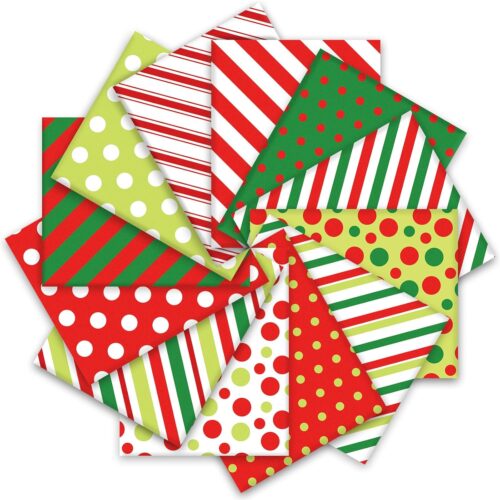 12Pcs Christmas Cotton Fabric Bundles Red Green Stripe Dot Printed Fat Quarters 18 x 22 Inch
