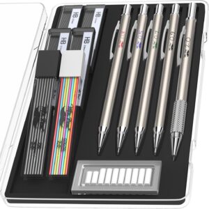 Metal Mechanical Pencil Set with Lead and Eraser Refills, 5 Sizes, 0.3, 0.5, 0.7, 0.9, 2mm