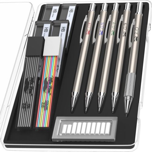 1 Metal Mechanical Pencil Set with Lead and Eraser Refills, 5 Sizes, 0.3, 0.5, 0.7, 0.9, 2mm
