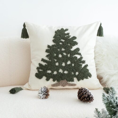 1 Green Tufted Christmas Tree Throw Pillow Cover 18x18 inch, 1PCS(Fir Tree)