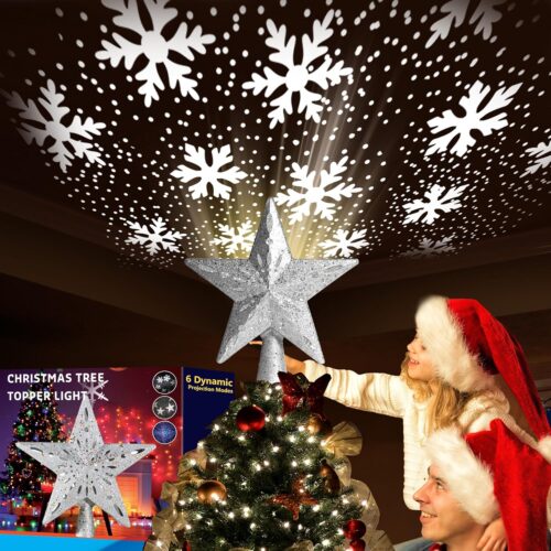 Christmas Tree Topper Lighted with 360° Rotating Projection - Silver