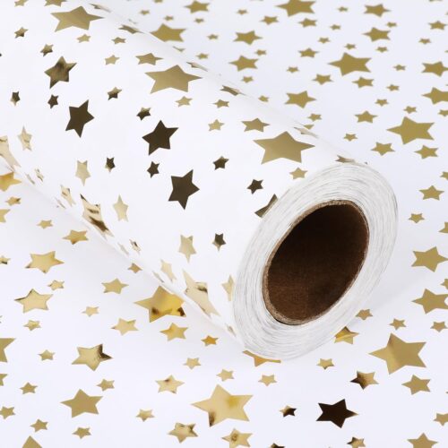 1 Christmas Wrapping Paper, Gold Foil Star Wrapping Paper Roll (17 inch X 32.8 ft)