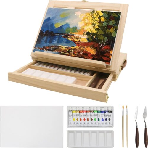 1 Tabletop Easel Set, 2 Colors Acrylic Paints, 2 Brushes, Palette and Knives