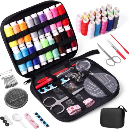 1 Sewing Kit with Case Portable Sewing Supplies, Contains Thread, Scissors, Needles,Measuring Tape