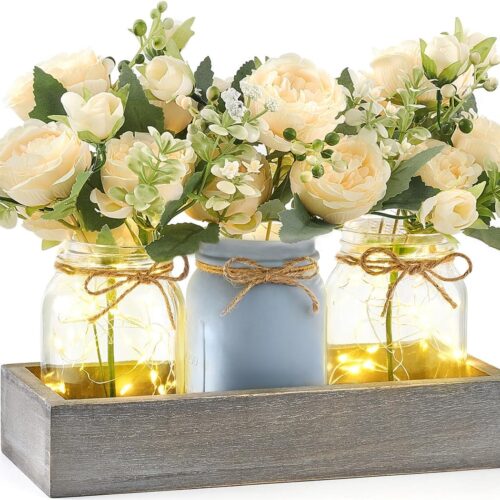 Mason Jar Lights Centerpiece Table Decorations, with 3 Jars Flowers