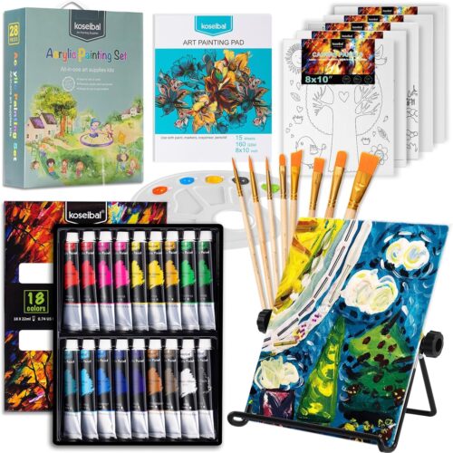 1 Art Painting Supplies Kit with 18 Paints, 5 Canvas Panels, 8 Brushes, Table Easel, Etc