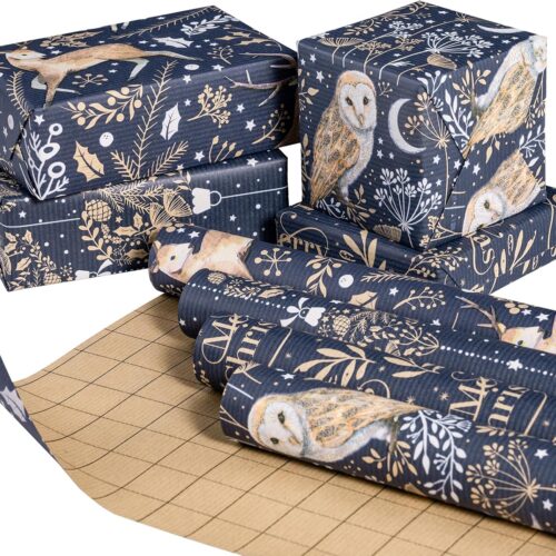 1 Christmas Kraft Wrapping Paper Roll - Blue Owl,17 inches x 10 feet per Roll, Total of 4 Rolls