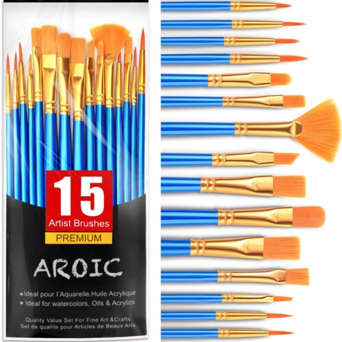 1 Acrylic Paint Brush Set, 15 pcs Nylon Hair Paint Brushes for All Purpose