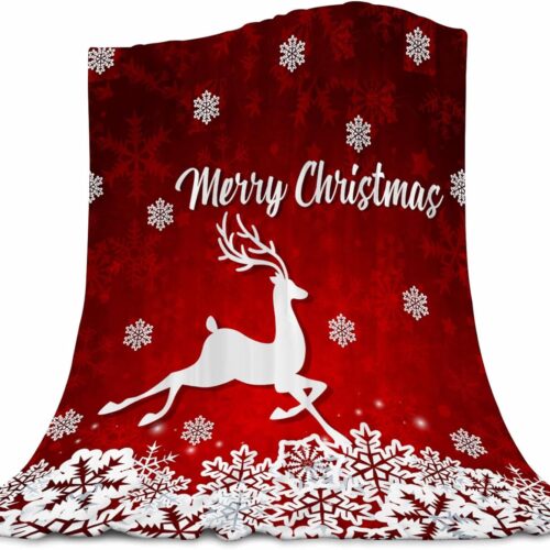 1 Merry Christmas Throw Blanket Red Flannel Fleece Blanket White Snowflake, 40"x50"