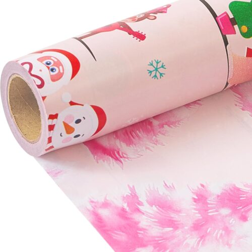 1 Pink Christmas Wrapping Paper Reversible Mini Roll 17 Inch X 33 Feet