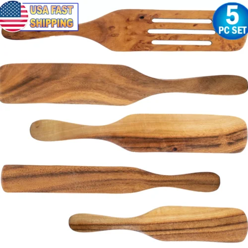 Kitchen Cooking Utensil 5pc Set Teak Wood Non Stick Wooden Spatula Spoon