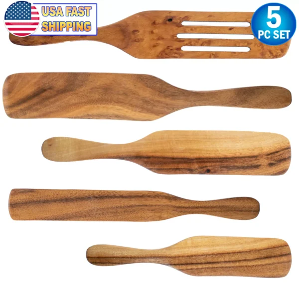 Kitchen Cooking Utensil 5pc Set Teak Wood Non Stick Wooden Spatula Spoon 1