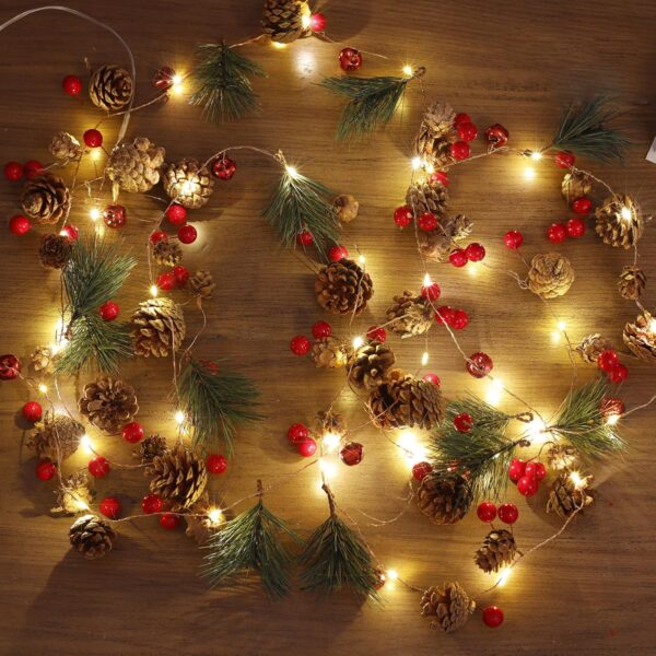 2 Pack Garland Lights with Pine Cones Bell Red Berries, Total 13.4FT/40 LED Christmas Garland with Lights,Battery Operated 1