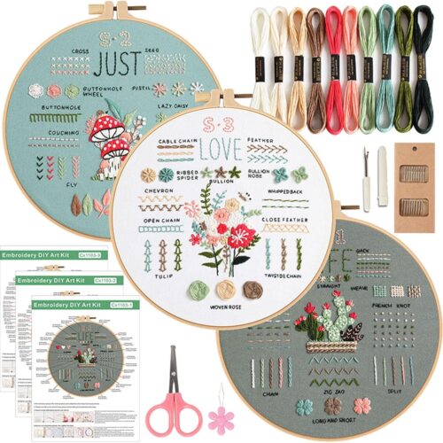 1 3 Sets Embroidery Kit for Beginners Adults,Easy to Learn 33 Different Stitches DIY Kits