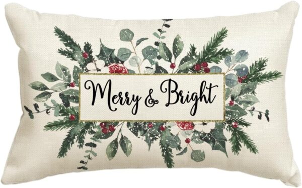 Christmas Merry & Bright Eucalyptus Mistletoe Throw Pillow Cover, 12 x 20 Inch 1
