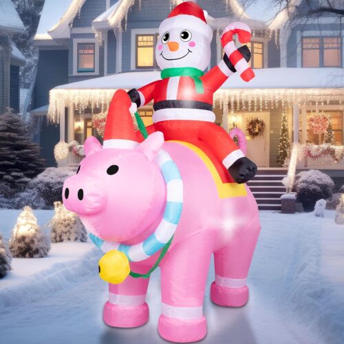 1 7FT Christmas Inflatables Cute Inflatable Christmas Inflatable Santa with Pink Pig, Built-in LED Lights with Tether