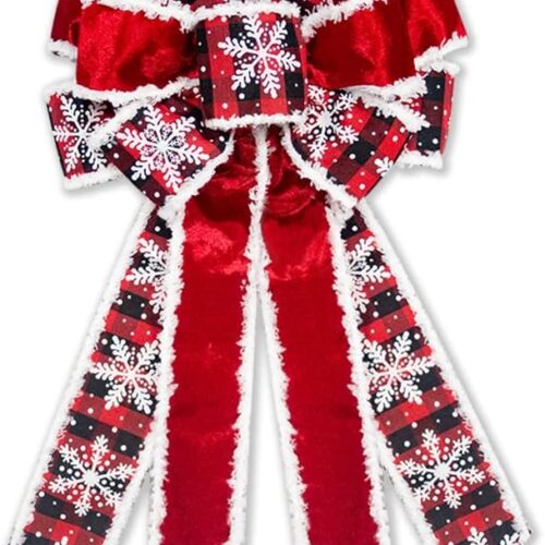 1 Red Velvet Snowflake Black Red Buffalo Plaid Wreath Bow