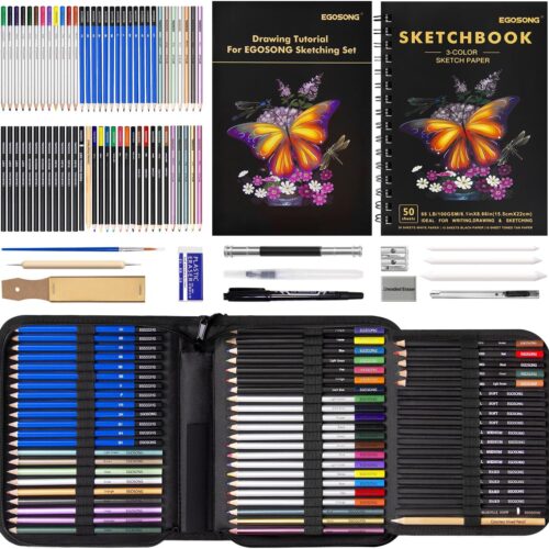 1 Drawing Set Sketch Pencils Kit,78 Pieces Sketching Supplies with 3-Color Sketchbook