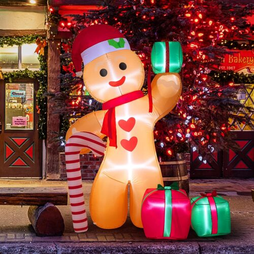 1 8FT Inflatable Gingerbread Man with Candy Cane and Three Gift Boxes