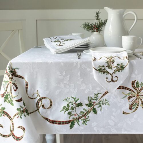 1 Merry Ribbons Engineered Printed Jacquard Fabric Christmas Table Cloth (60" x 104" Rectangular, Merry Ribbons)
