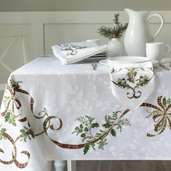 Merry Ribbons Engineered Printed Jacquard Fabric Christmas Table Cloth (60" x 104" Rectangular, Merry Ribbons) 1