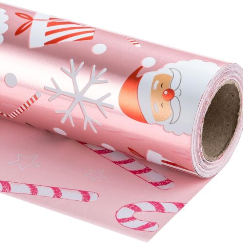 1 Reversible Christmas Wrapping Paper Roll - Metallic Foil with Santa Claus & Candy Cane in Pink - 17 inches x 32.8 Feet (46.45 sq.ft.)
