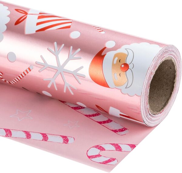 Reversible Christmas Wrapping Paper Roll - Metallic Foil with Santa Claus & Candy Cane in Pink - 17 inches x 32.8 Feet (46.45 sq.ft.) 1