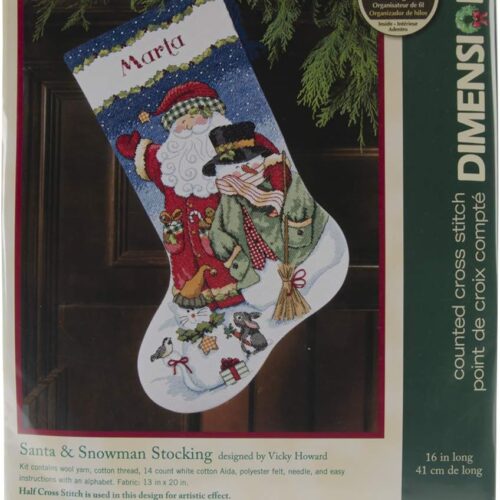 1 Counted Cross Stitch 'Santa Snowman' Personalized Christmas Stocking Kit, 16"