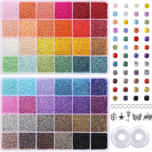 1 44000pcs 2mm Glass Seed Beads for Bracelet Making Kit, 48 Colors Small Beads, with 2 Storage Boxes