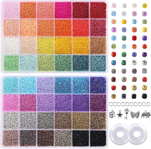 44000pcs 2mm Glass Seed Beads for Bracelet Making Kit, 48 Colors Small Beads, with 2 Storage Boxes 1