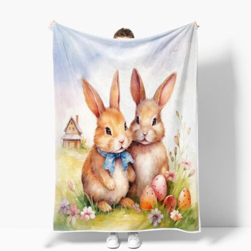1 Cute Kids Throw Blanket, Funny Bunny Flower Warm Bed Couch Blanket, 50 x 60 Inch
