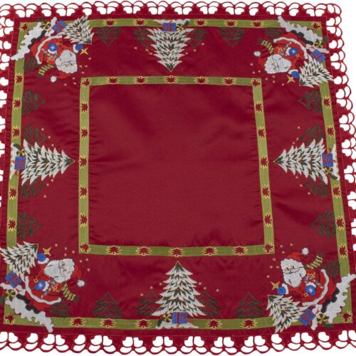 Embroidered Christmas Holiday Santa Claus and Christmas Trees Doily Red 33 Inches Square