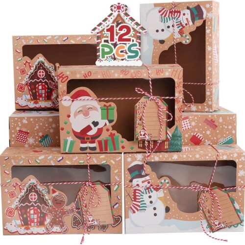1 12 Pack Christmas Cookie Boxes Large Holiday Bakery Gift Boxes with Window and Tags, Fits 20 Cookies