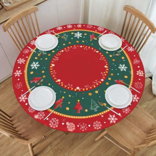 1 Christmas Tree Snowflake Round Fitted Tablecloth, 40-44" Round Table