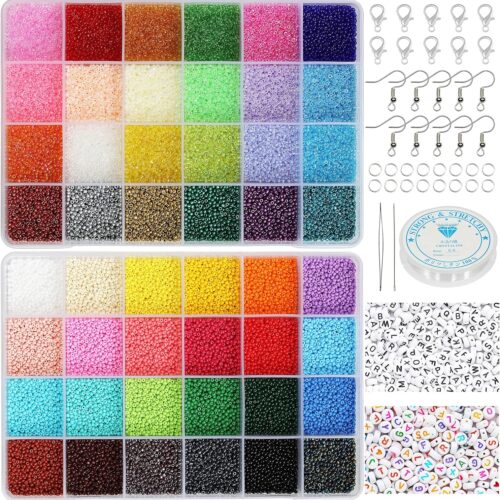 1 Total 48000pcs Size 2mm Seed Beads for Jewelry Making,12/0 Tiny Craft Beading Kit Set,260pcs Letter Alphabet Beads