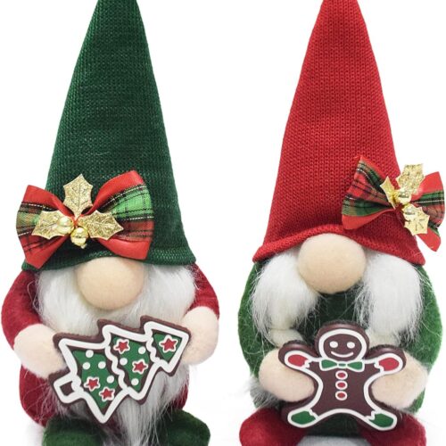 Christmas Gnomes Plush with Gingerbread,Handmade Xmas Tomte Swedish Nordic Red Green Gnomes Figurine
