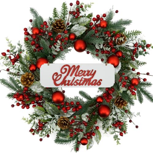 20 inch Artificial Christmas Wreath Winter Wreath with red Ball,red Berry,Pine Needles