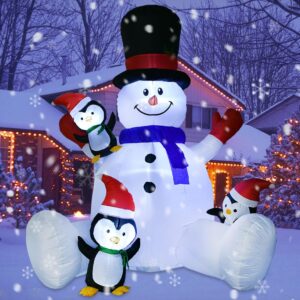 7Ft Lighted Christmas Inflatable Snowman with Three Cute Penguins Build-in
