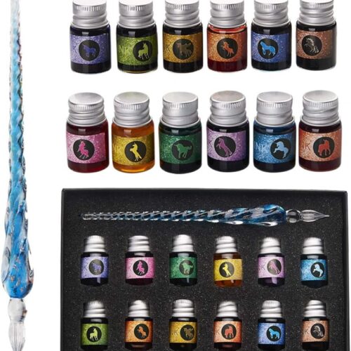 1 Glass Dipped Pen Ink Set Handmade Crystal Calligraphy Pen with 12 Colorful india ink