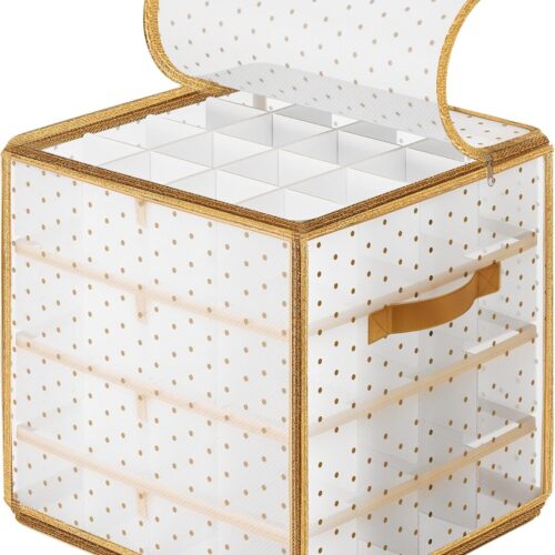 1 Plastic Christmas Ornament Storage Box, Christmas Ball Organizer, Holds 64 Balls up to 3-Inch, Removable Dividers, Sandy Gold