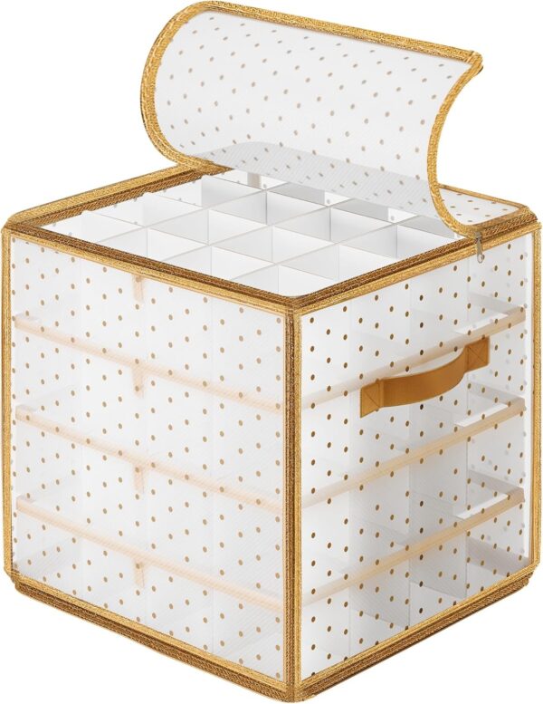 Plastic Christmas Ornament Storage Box, Christmas Ball Organizer, Holds 64 Balls up to 3-Inch, Removable Dividers, Sandy Gold 1