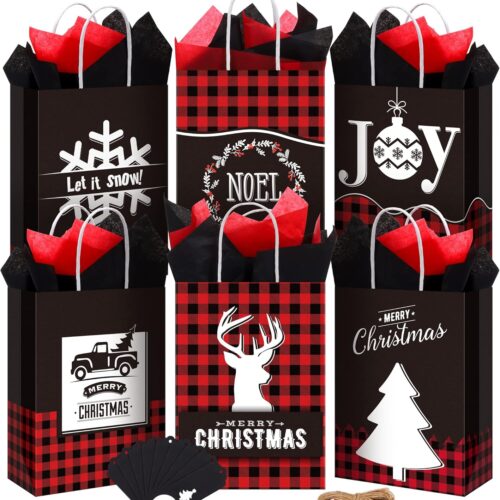 1 24 Pieces Christmas Kraft Gift Bags with 30 Pieces Tissue Paper and 24 Pieces Tags Red and Black Buffalo Plaid Gift Bag (8.6 x 6.3 x 3.1 Inch)