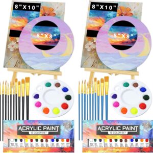 Acrylic Paint Set 52 Packs, 4 Canvas , 2 Paint Easel 2 Pcs 12 Colors Acrylic Paints 2 Pcs 10 Brushes 2 Paint Palette