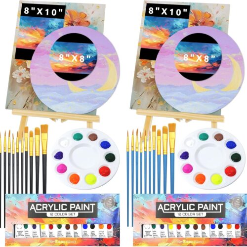 1 Acrylic Paint Set 52 Packs, 4 Canvas , 2 Paint Easel 2 Pcs 12 Colors Acrylic Paints 2 Pcs 10 Brushes 2 Paint Palette