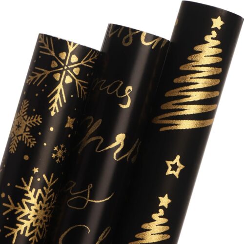 1 Black Gold Merry Christmas Wrapping Paper Rolls Snowflake- 17 Inch x 10 Feet Per roll