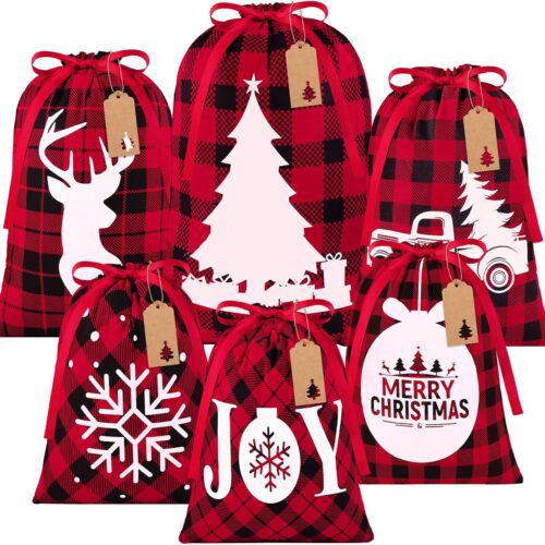 1 6 Pieces Buffalo Plaid Drawstring Bags 3 Sizes Cotton with 24 Pieces Kraft Tags