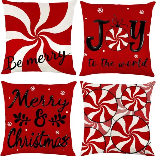 Christmas Candy Pillow Covers, 18x18 Set of 4 Red White Christmas Throw Cushion