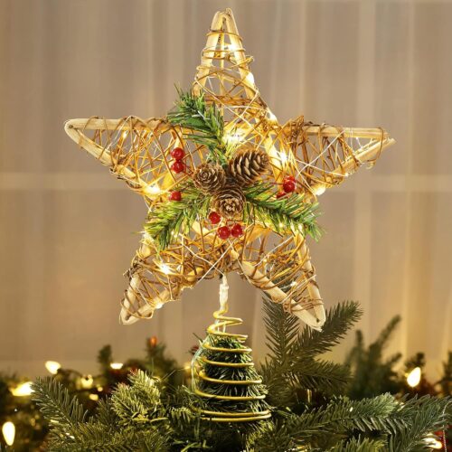 1 Christmas Tree Star, 10'' Rattan Christmas Tree Topper with 30 LED Lights